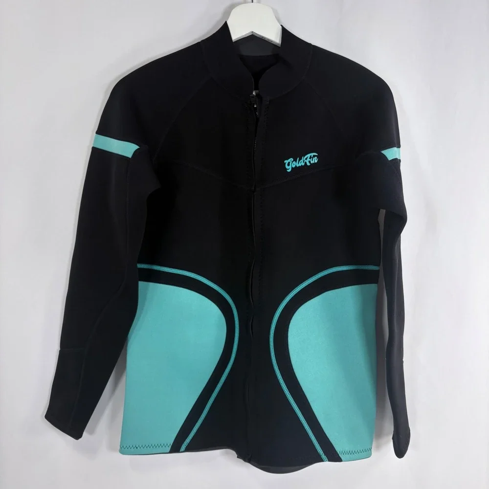 GoldFin Wetsuit Jacket Black Teal 2mm Neoprene Front Zip Long‎ Sleeve Top